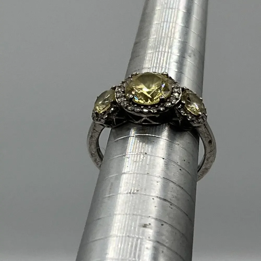 KIERA COUTURE 925 STERLING SILVER 3 CANARY YELLOW CRYSTALS HALO RING Sz 8